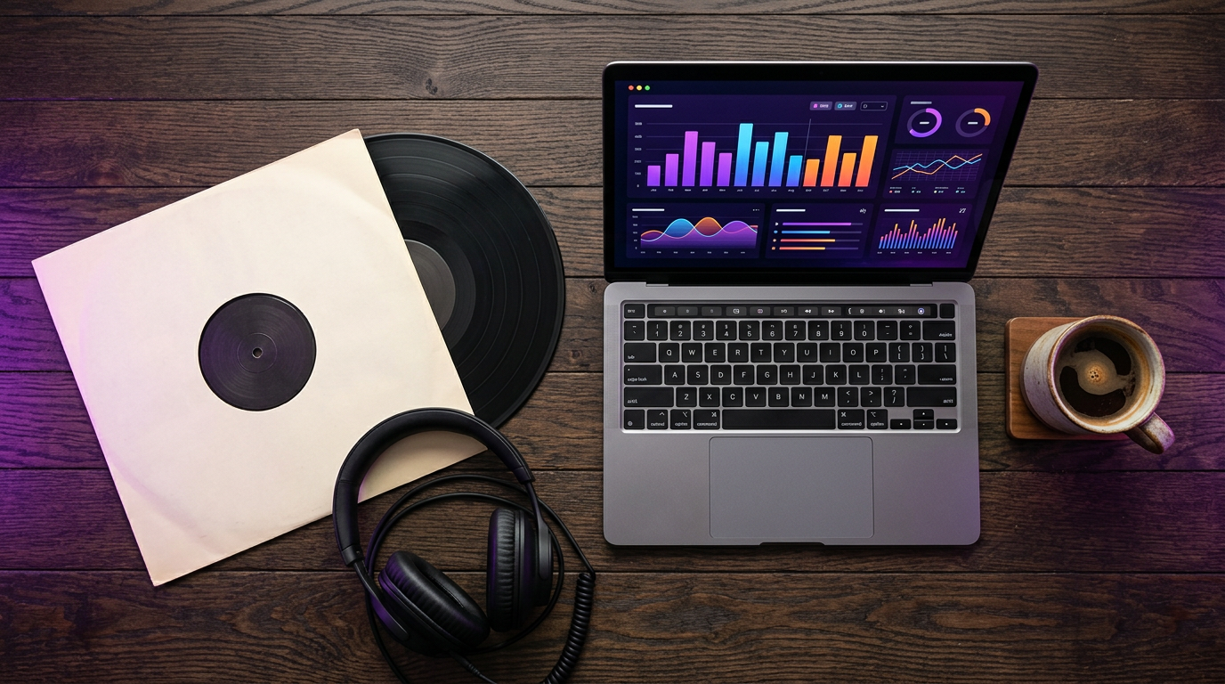 Vinyl record next to a laptop showing a music distribution dashboard