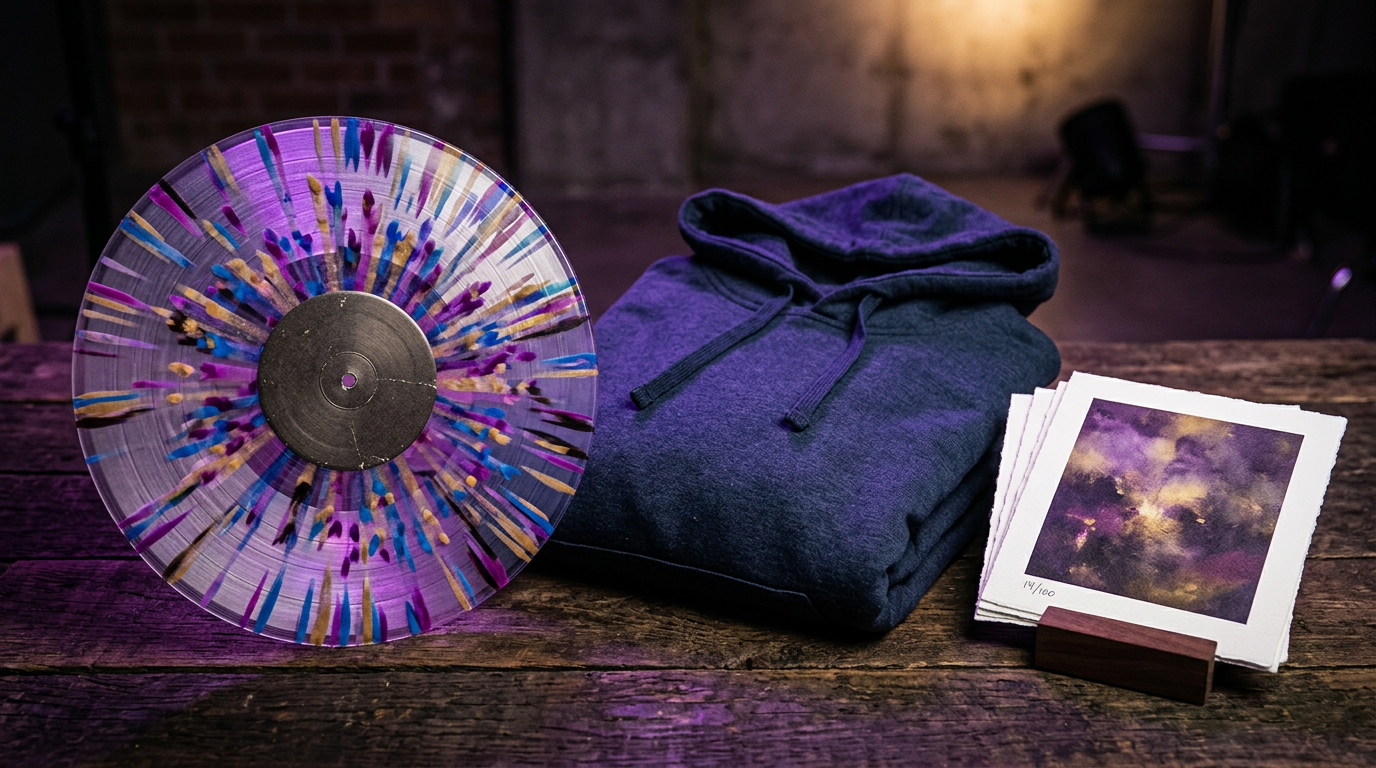 Limited edition band merch and vinyl laid out for a drop launch
