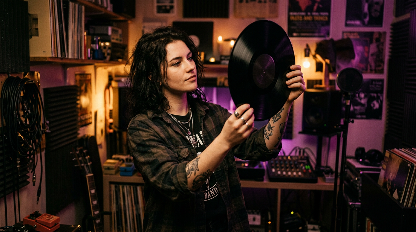 Independent musician holding a freshly pressed vinyl record