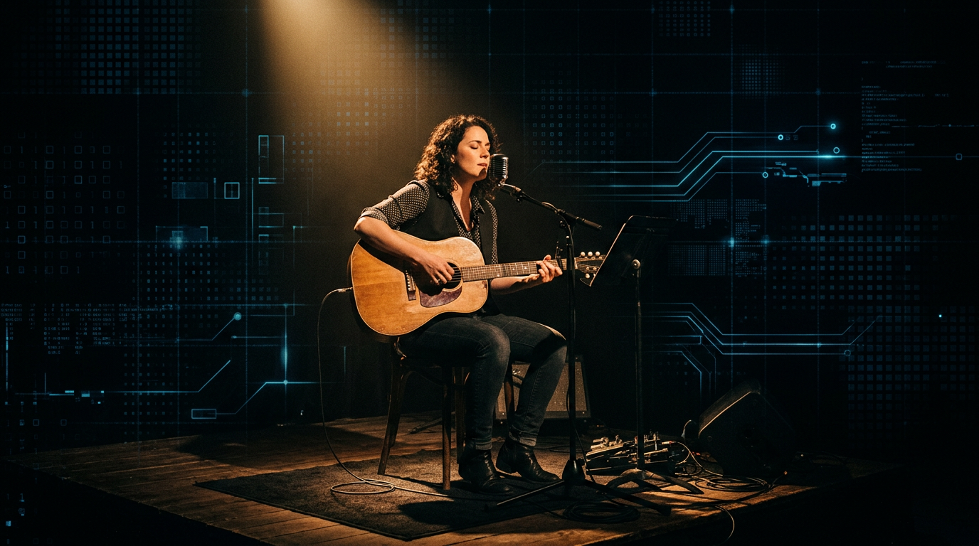 Human musician under a warm spotlight against a cold digital background