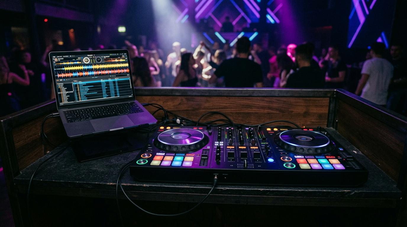 Two-channel DJ controller with jog wheels connected to a laptop running DJ software