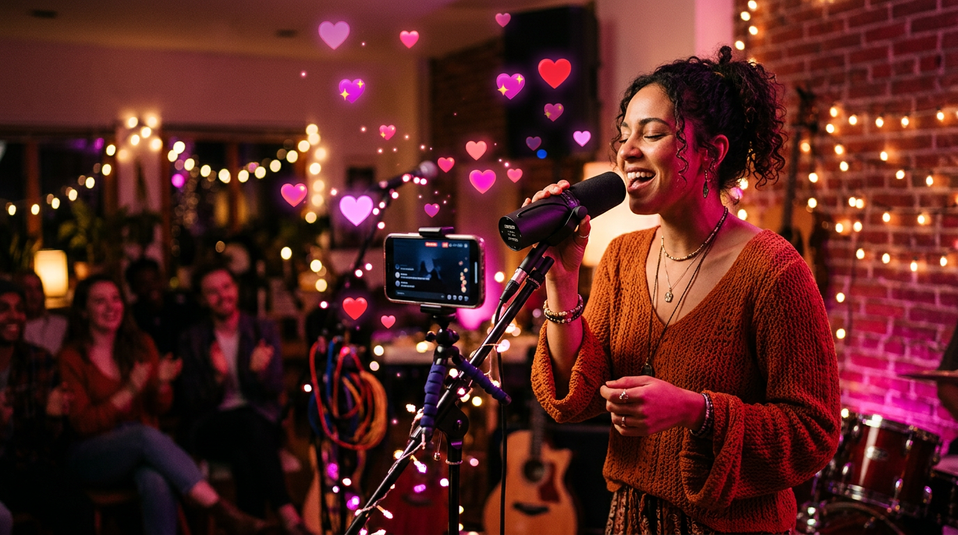 Musician performing on a live stream to promote a new song