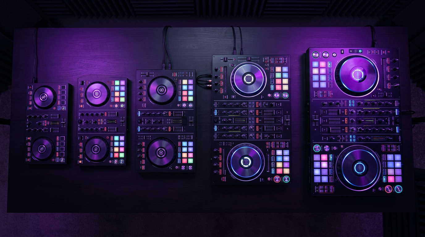 Range of DJ controllers of different sizes on a studio desk