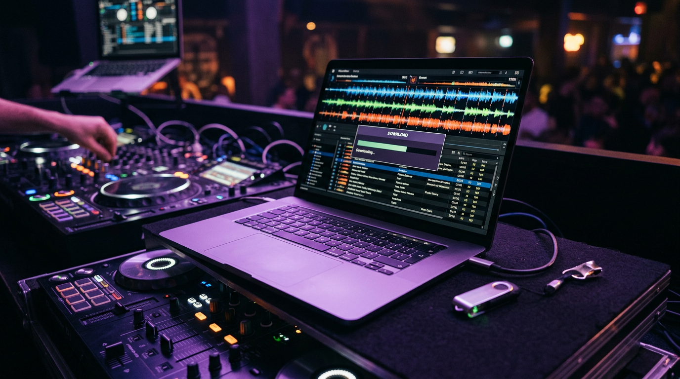 Laptop showing a DJ music library and a USB stick ready for export