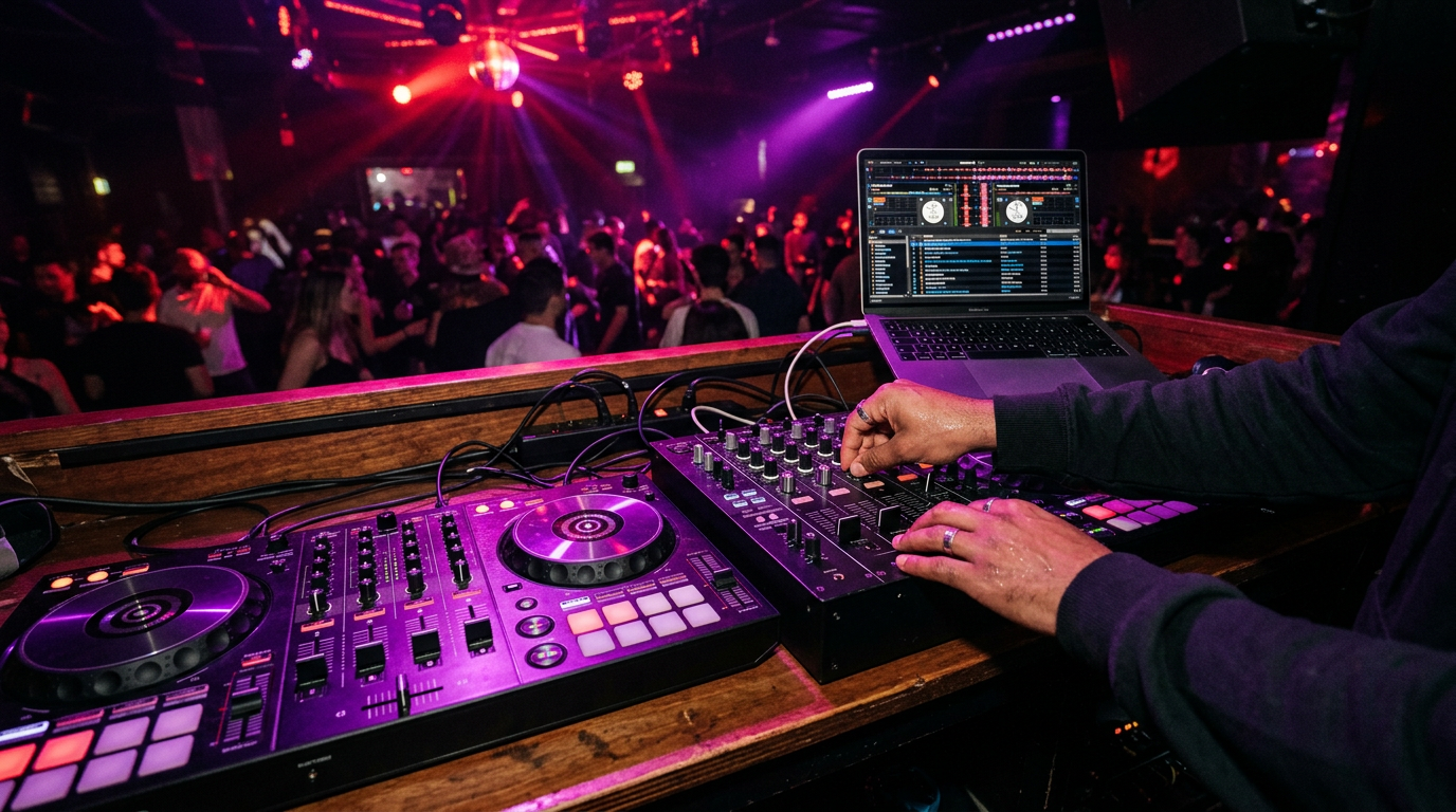 DJ controller and scratch mixer side by side with a laptop in a club