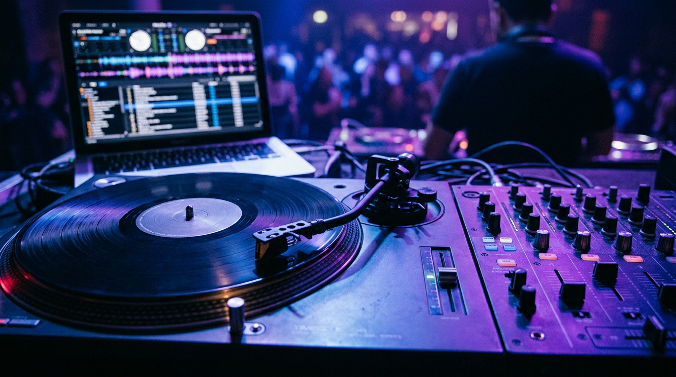 Turntable with timecode control vinyl and a battle mixer for DVS DJing