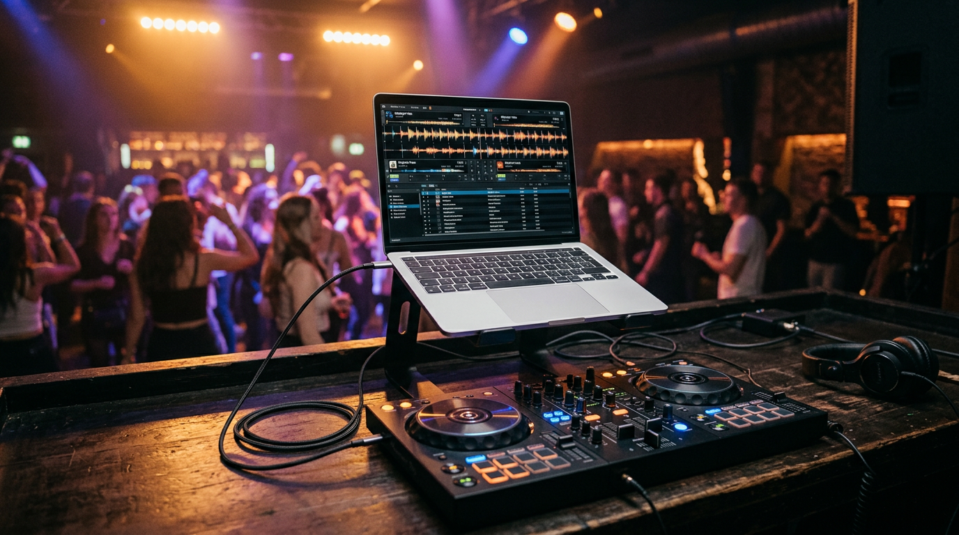 Ultralight laptop connected by USB-C to a DJ controller in a booth