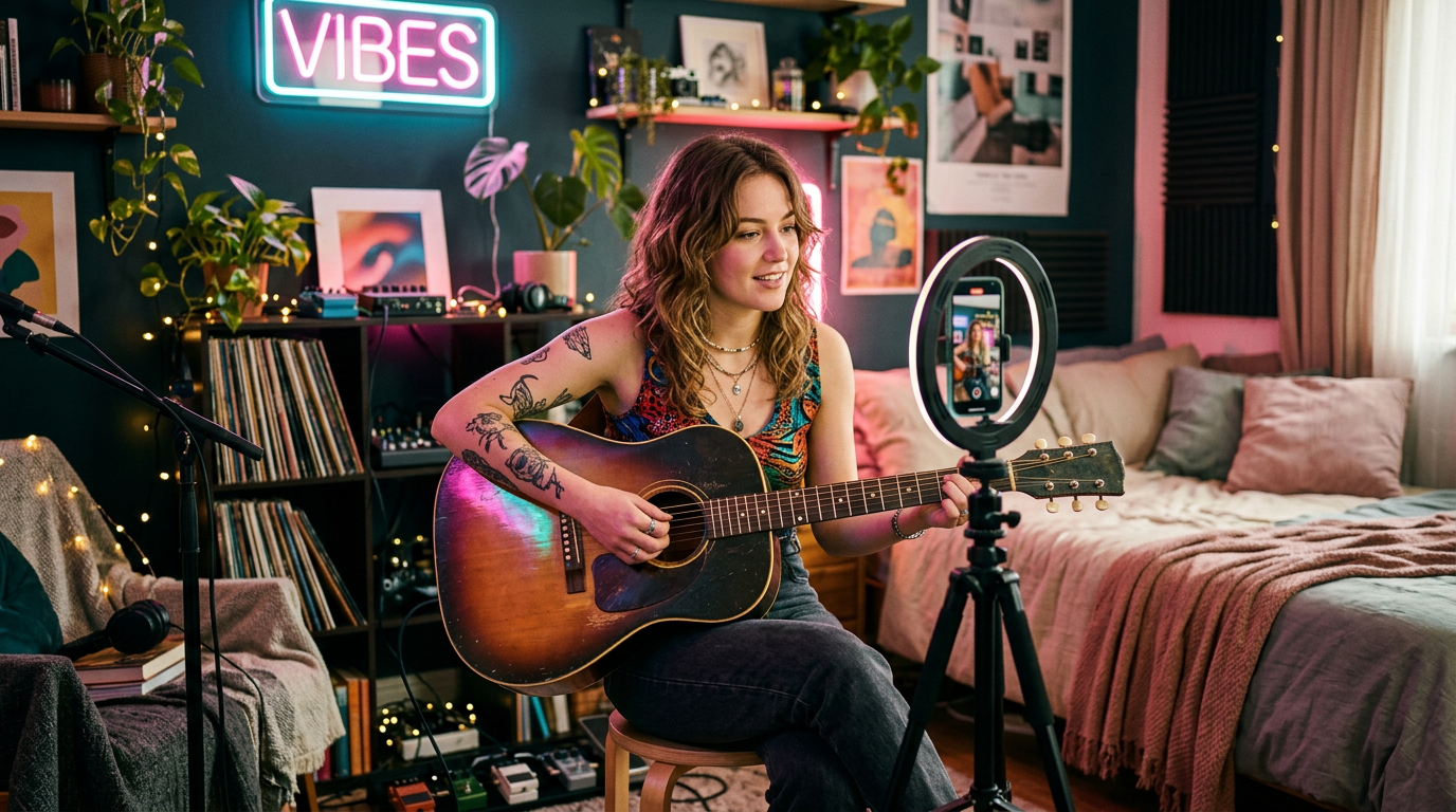 Artist filming a short-form video to promote a new release
