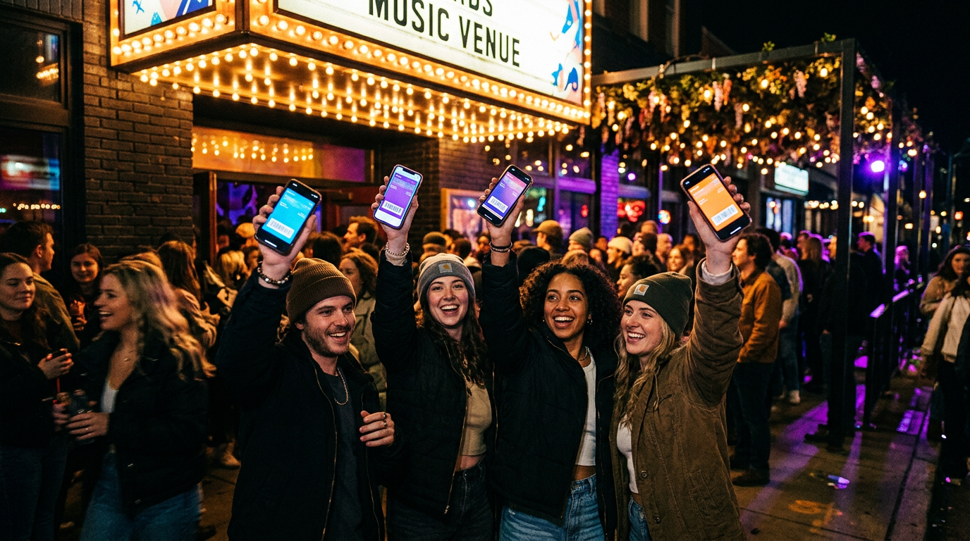Fans with digital concert tickets outside a venue