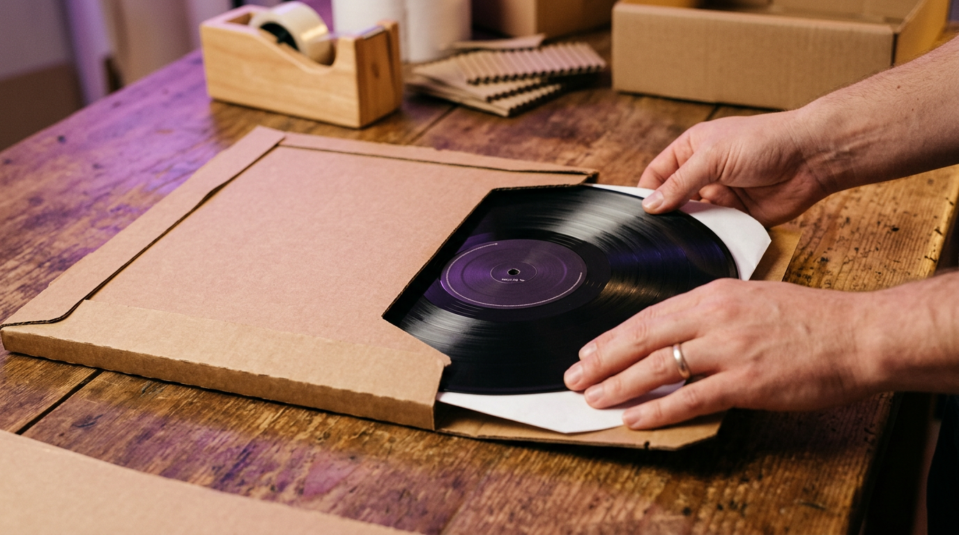 Single vinyl record being packed for shipping to a fan