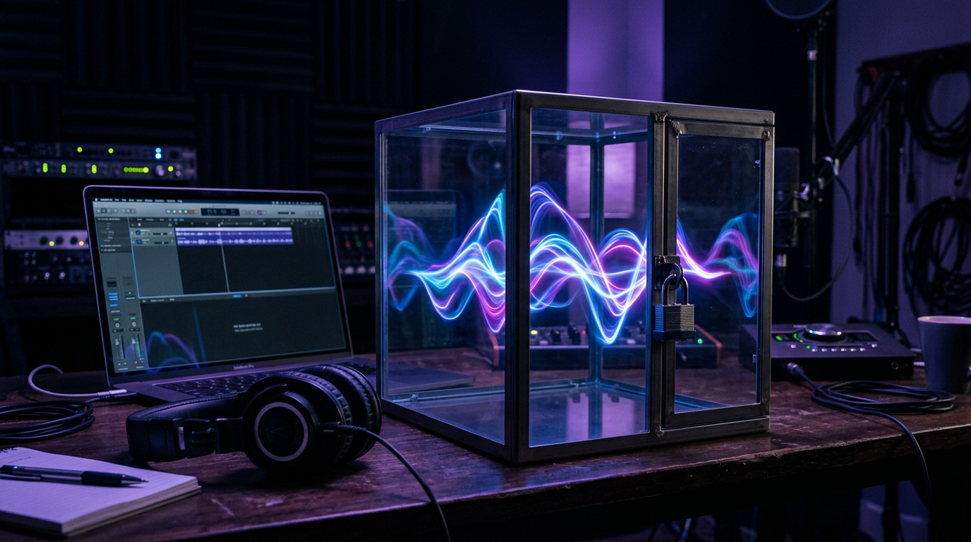 Sound waves locked inside a glass box, representing disabled downloads